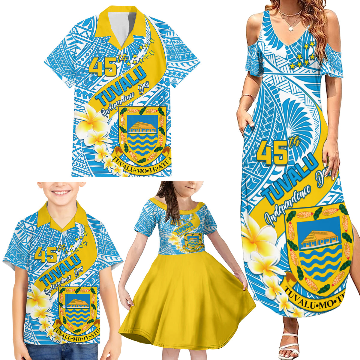 Personalised Tuvalu Independence Day Family Matching Summer Maxi Dress and Hawaiian Shirt Plumeria 45th Anniversary LT01 - Polynesian Pride