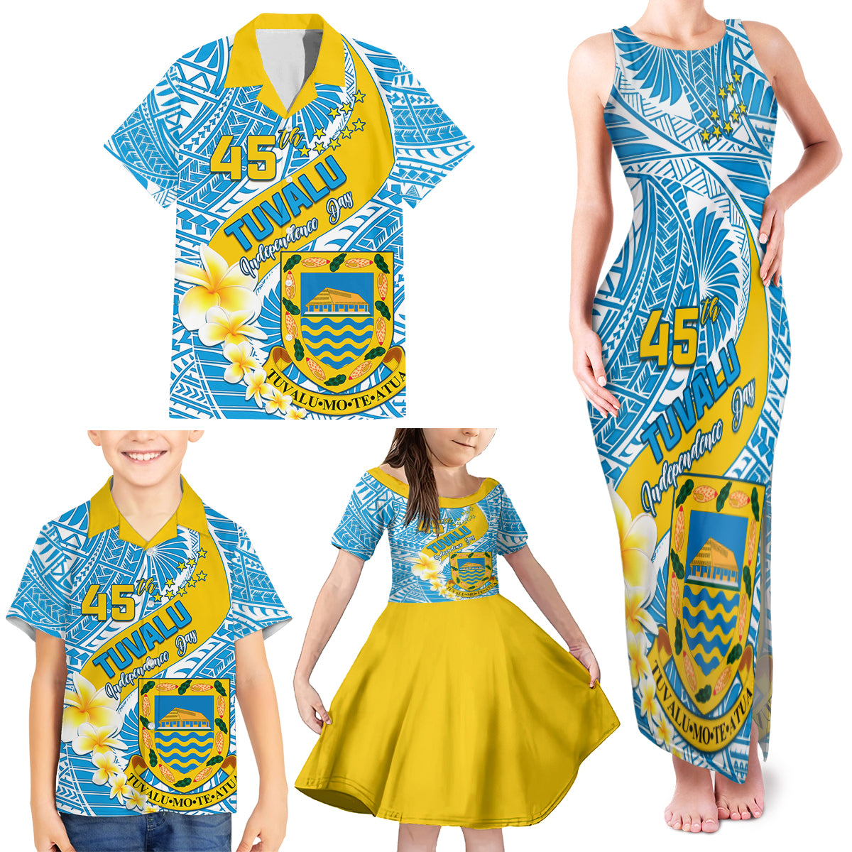 Personalised Tuvalu Independence Day Family Matching Tank Maxi Dress and Hawaiian Shirt Plumeria 45th Anniversary LT01 - Polynesian Pride