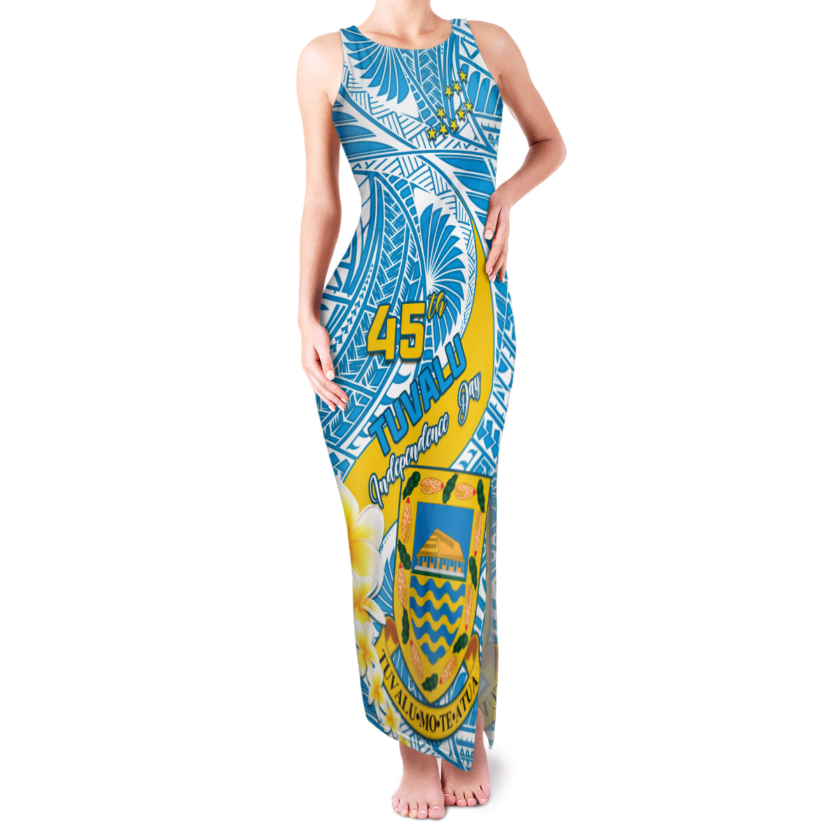 Personalised Tuvalu Independence Day Family Matching Tank Maxi Dress and Hawaiian Shirt Plumeria 45th Anniversary LT01 Mom's Dress Blue - Polynesian Pride