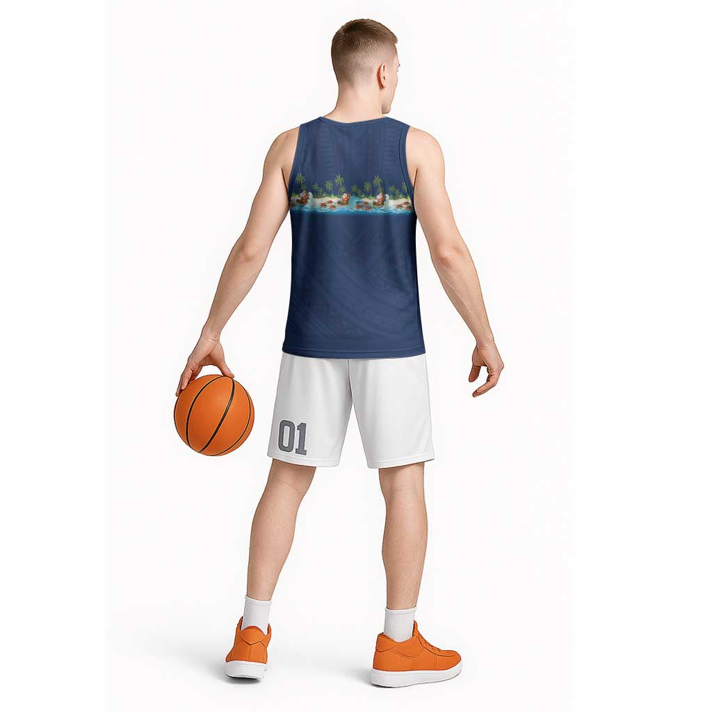 Hawaii Santa Riding Sea Turtle Basketball Jersey Mele Kalikimaka Polynesian Pattern - Polynesian Pride