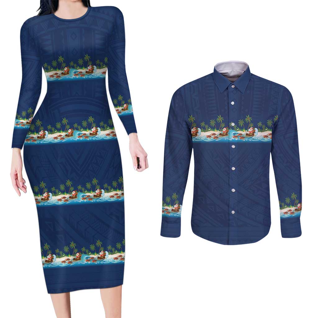 Hawaii Santa Riding Sea Turtle Couples Matching Long Sleeve Bodycon Dress and Long Sleeve Button Shirt Mele Kalikimaka Polynesian Pattern - Polynesian Pride