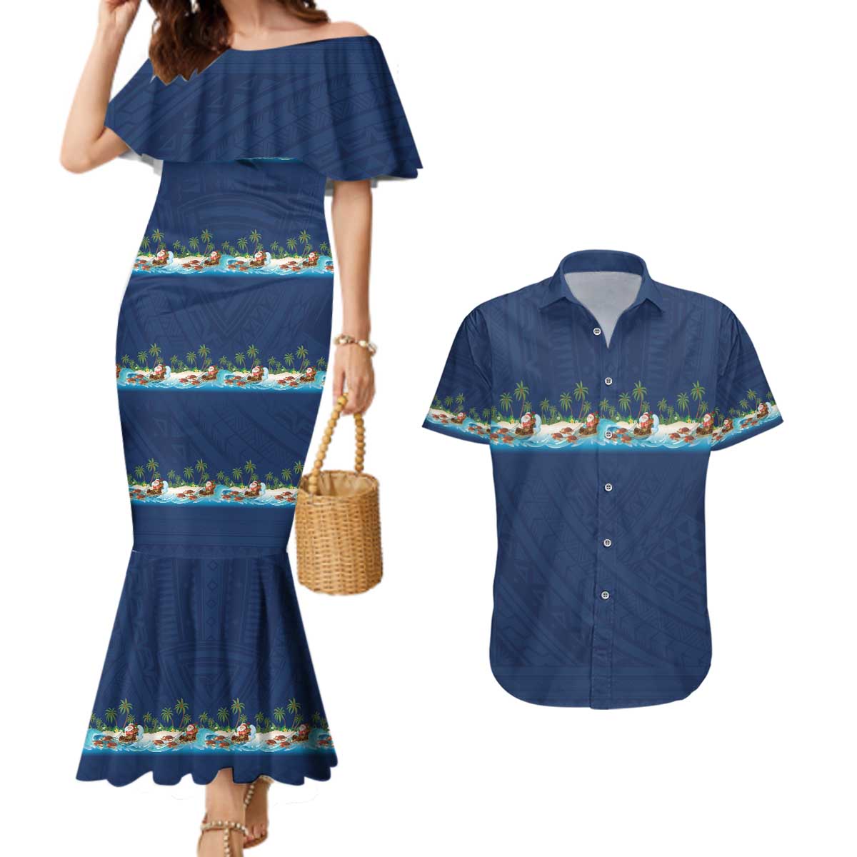Hawaii Santa Riding Sea Turtle Couples Matching Mermaid Dress and Hawaiian Shirt Mele Kalikimaka Polynesian Pattern - Polynesian Pride