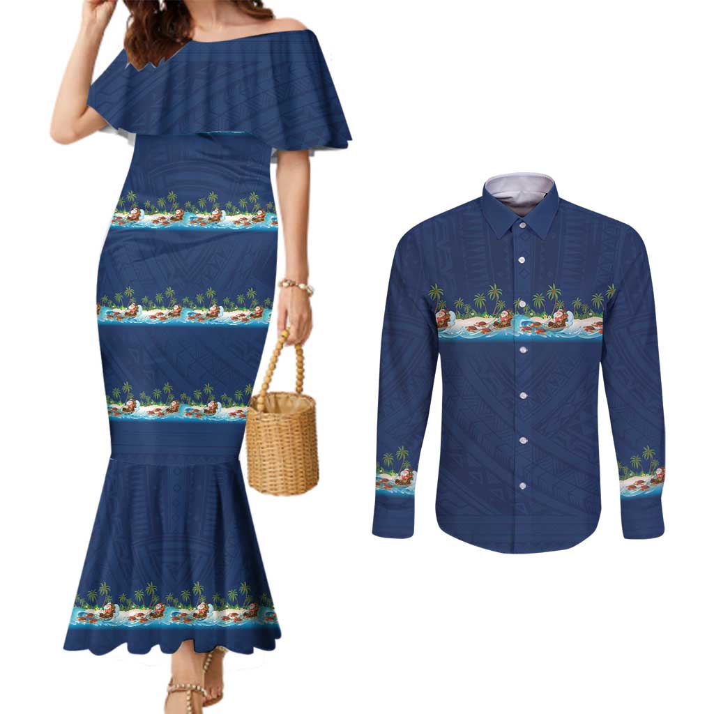 Hawaii Santa Riding Sea Turtle Couples Matching Mermaid Dress and Long Sleeve Button Shirt Mele Kalikimaka Polynesian Pattern - Polynesian Pride