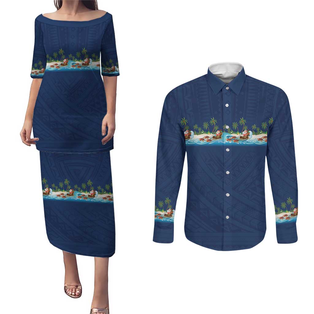 Hawaii Santa Riding Sea Turtle Couples Matching Puletasi and Long Sleeve Button Shirt Mele Kalikimaka Polynesian Pattern - Polynesian Pride