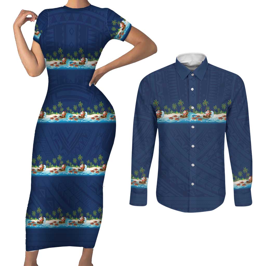 Hawaii Santa Riding Sea Turtle Couples Matching Short Sleeve Bodycon Dress and Long Sleeve Button Shirt Mele Kalikimaka Polynesian Pattern - Polynesian Pride