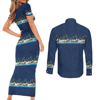 Hawaii Santa Riding Sea Turtle Couples Matching Short Sleeve Bodycon Dress and Long Sleeve Button Shirt Mele Kalikimaka Polynesian Pattern - Polynesian Pride