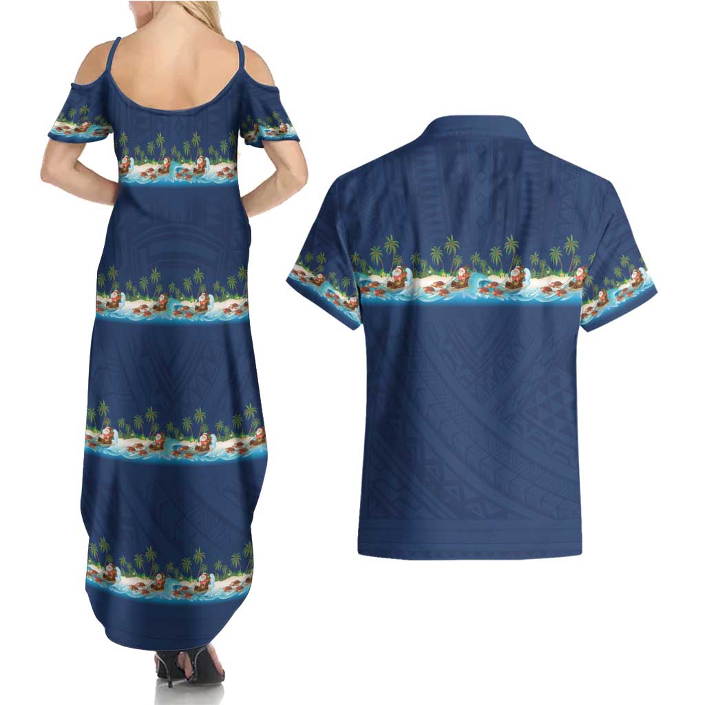 Hawaii Santa Riding Sea Turtle Couples Matching Summer Maxi Dress and Hawaiian Shirt Mele Kalikimaka Polynesian Pattern - Polynesian Pride