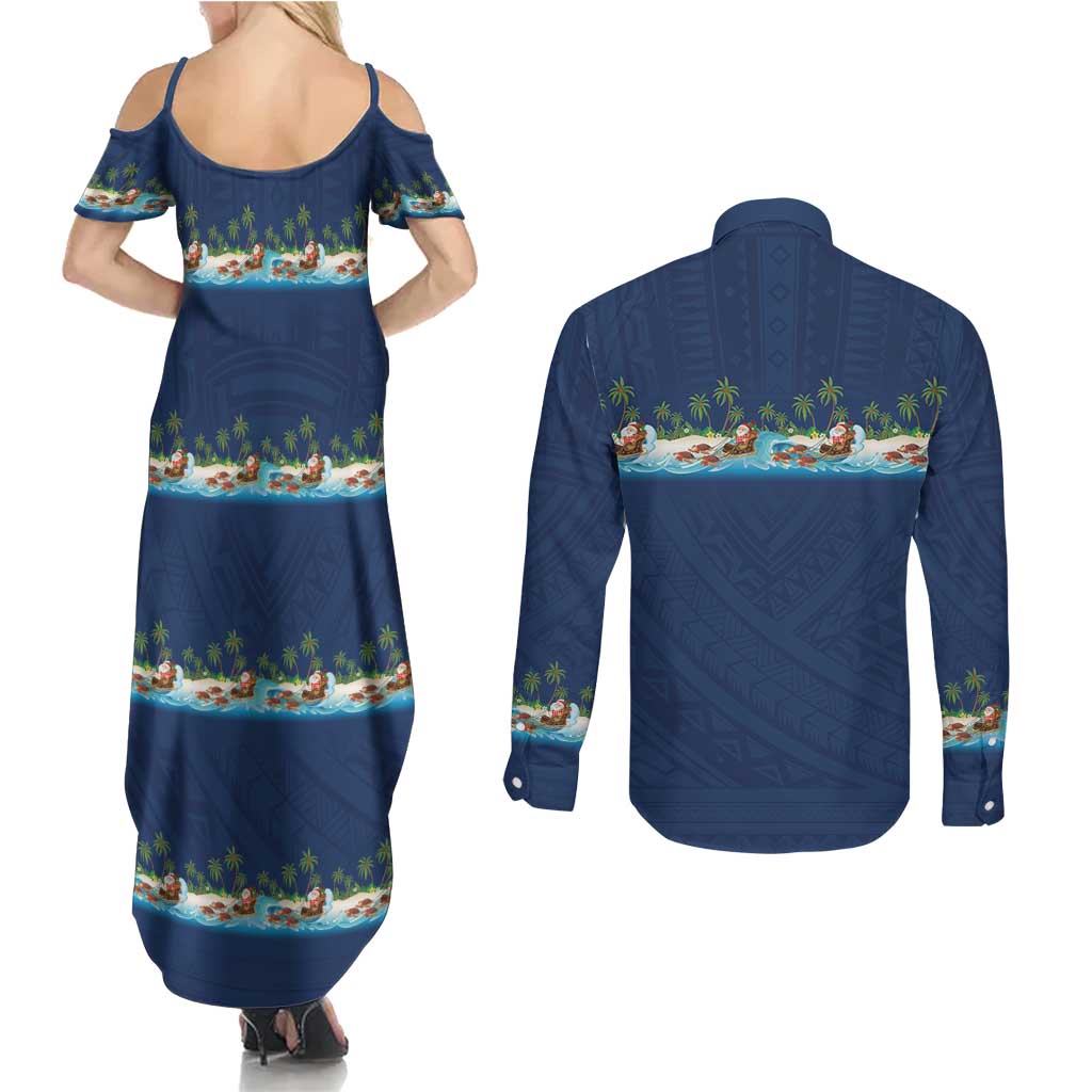 Hawaii Santa Riding Sea Turtle Couples Matching Summer Maxi Dress and Long Sleeve Button Shirt Mele Kalikimaka Polynesian Pattern - Polynesian Pride