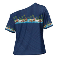 Hawaii Santa Riding Sea Turtle Cross Shoulder Shirt Mele Kalikimaka Polynesian Pattern - Polynesian Pride