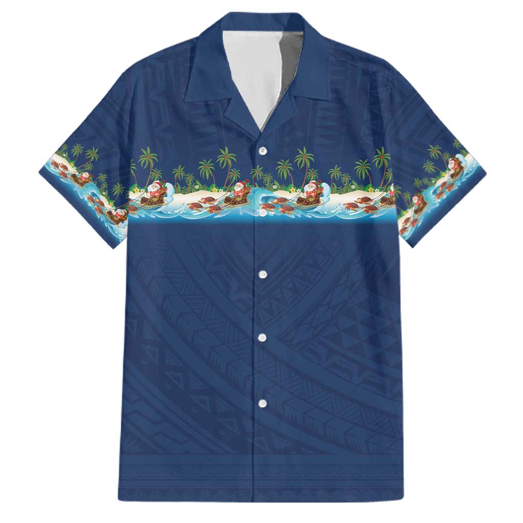 Hawaii Santa Riding Sea Turtle Family Matching Long Sleeve Bodycon Dress and Hawaiian Shirt Mele Kalikimaka Polynesian Pattern LT01 Dad's Shirt - Short Sleeve Blue - Polynesian Pride