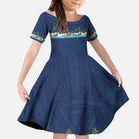 Hawaii Santa Riding Sea Turtle Family Matching Mermaid Dress and Hawaiian Shirt Mele Kalikimaka Polynesian Pattern LT01 Daughter's Dress Blue - Polynesian Pride
