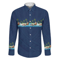 Hawaii Santa Riding Sea Turtle Family Matching Off The Shoulder Long Sleeve Dress and Hawaiian Shirt Mele Kalikimaka Polynesian Pattern LT01 Dad's Shirt - Long Sleeve Blue - Polynesian Pride