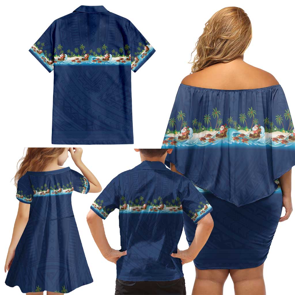 Hawaii Santa Riding Sea Turtle Family Matching Off Shoulder Short Dress and Hawaiian Shirt Mele Kalikimaka Polynesian Pattern - Polynesian Pride