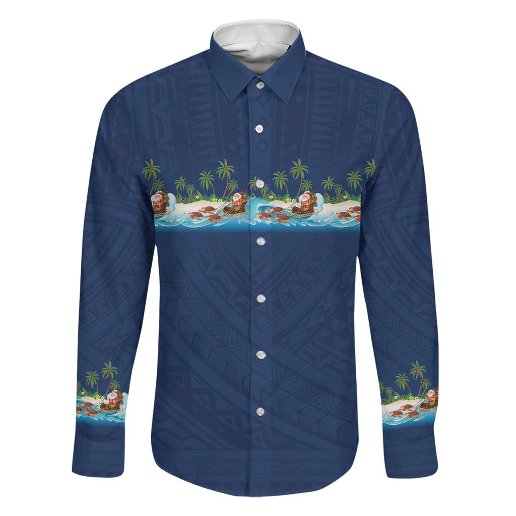 Hawaii Santa Riding Sea Turtle Family Matching Tank Maxi Dress and Hawaiian Shirt Mele Kalikimaka Polynesian Pattern LT01 Dad's Shirt - Long Sleeve Blue - Polynesian Pride