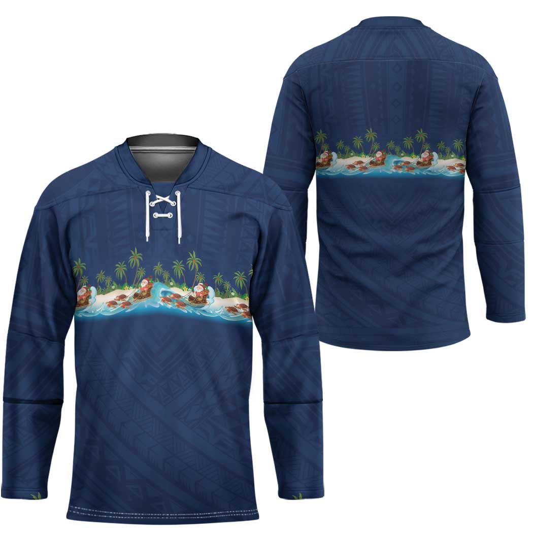 Hawaii Santa Riding Sea Turtle Hockey Jersey Mele Kalikimaka Polynesian Pattern - Polynesian Pride