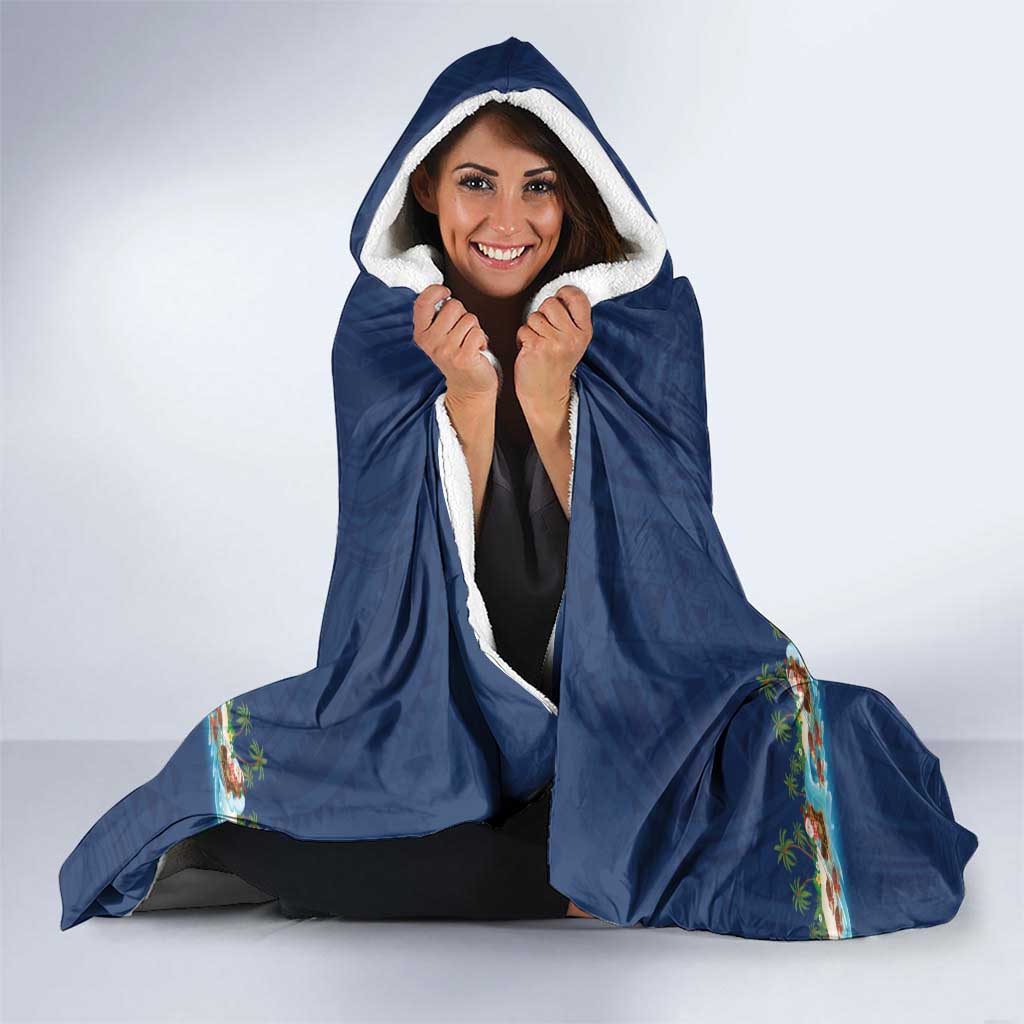 Hawaii Santa Riding Sea Turtle Hooded Blanket Mele Kalikimaka Polynesian Pattern - Polynesian Pride