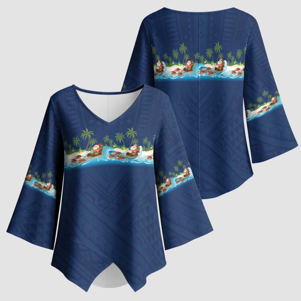 Hawaii Santa Riding Sea Turtle Kimono Sleeve Blouse Mele Kalikimaka Polynesian Pattern - Polynesian Pride