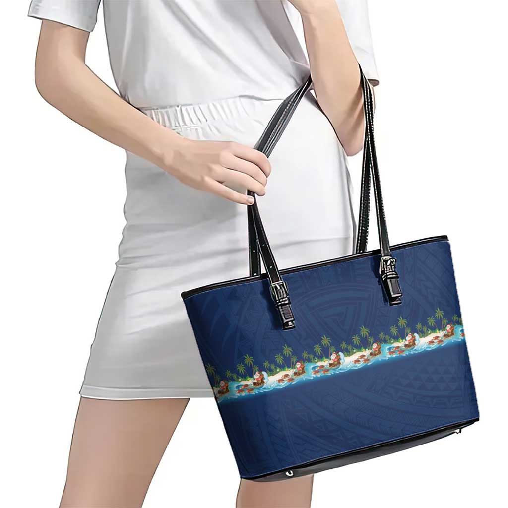 Hawaii Santa Riding Sea Turtle Leather Tote Bag Mele Kalikimaka Polynesian Pattern - Polynesian Pride