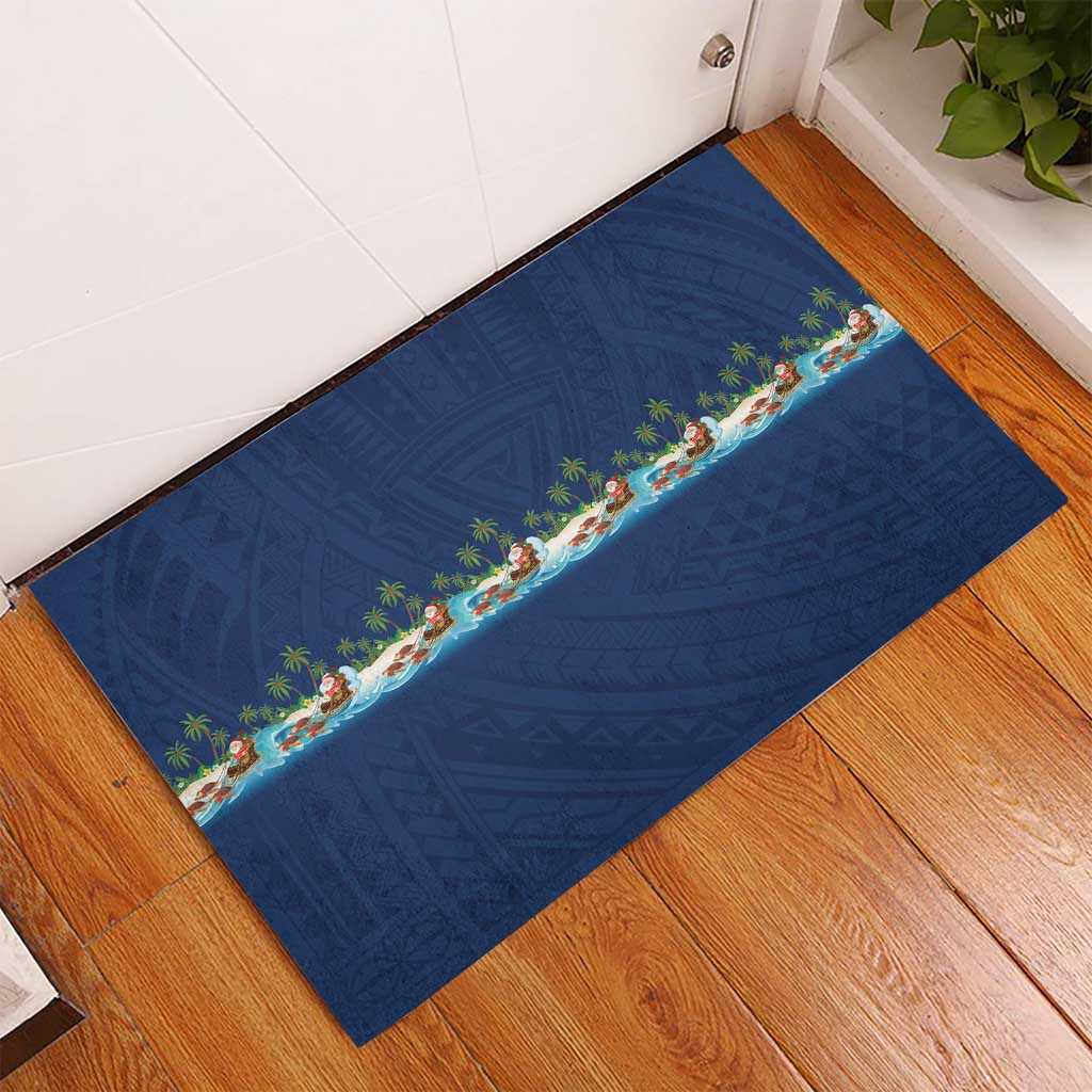 Hawaii Santa Riding Sea Turtle Rubber Doormat Mele Kalikimaka Polynesian Pattern - Polynesian Pride
