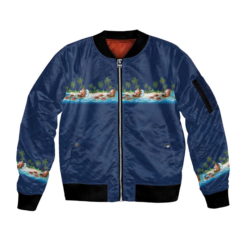 Hawaii Santa Riding Sea Turtle Sleeve Zip Bomber Jacket Mele Kalikimaka Polynesian Pattern LT01 Unisex Blue - Polynesian Pride