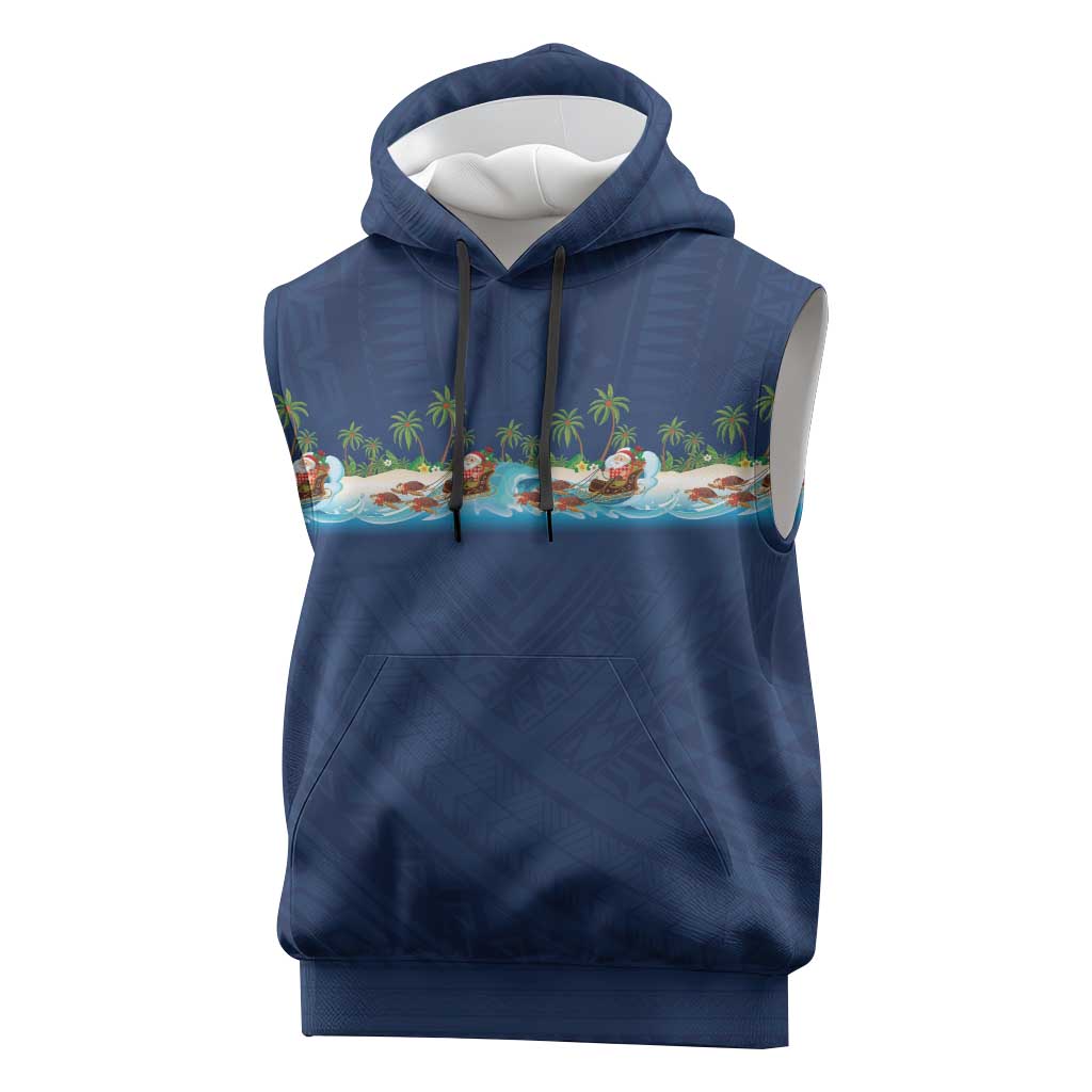 Hawaii Santa Riding Sea Turtle Sleeveless Hoodie Mele Kalikimaka Polynesian Pattern - Polynesian Pride