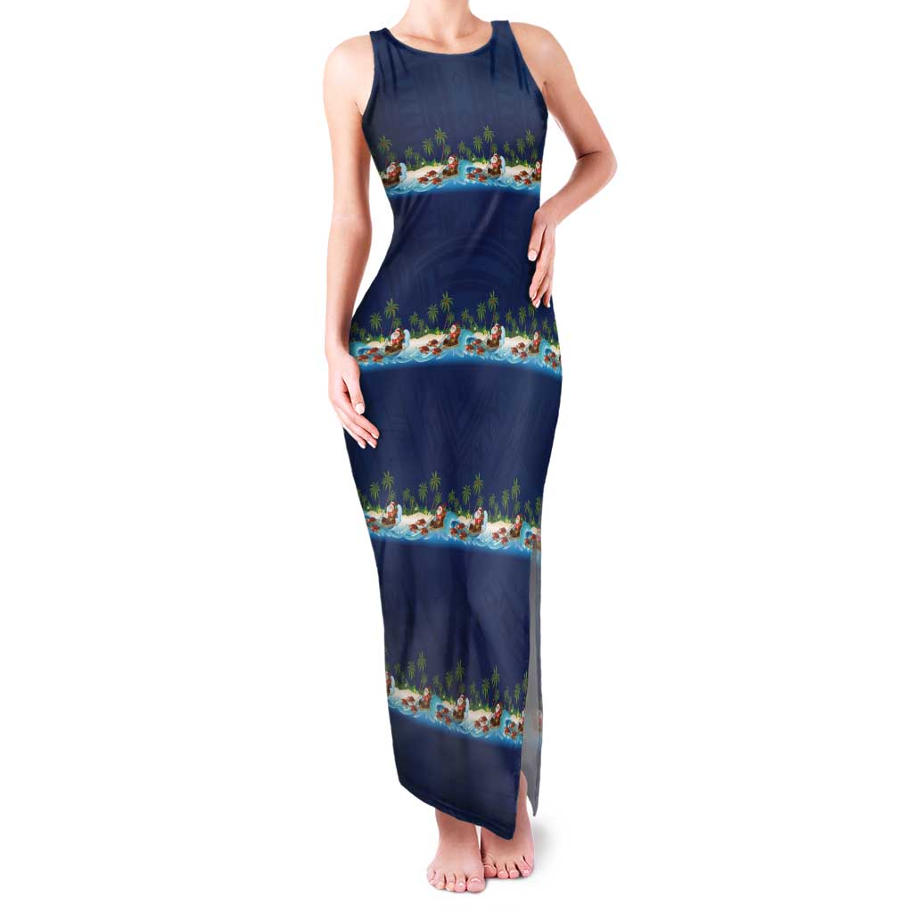 Hawaii Santa Riding Sea Turtle Tank Maxi Dress Mele Kalikimaka Polynesian Pattern - Polynesian Pride