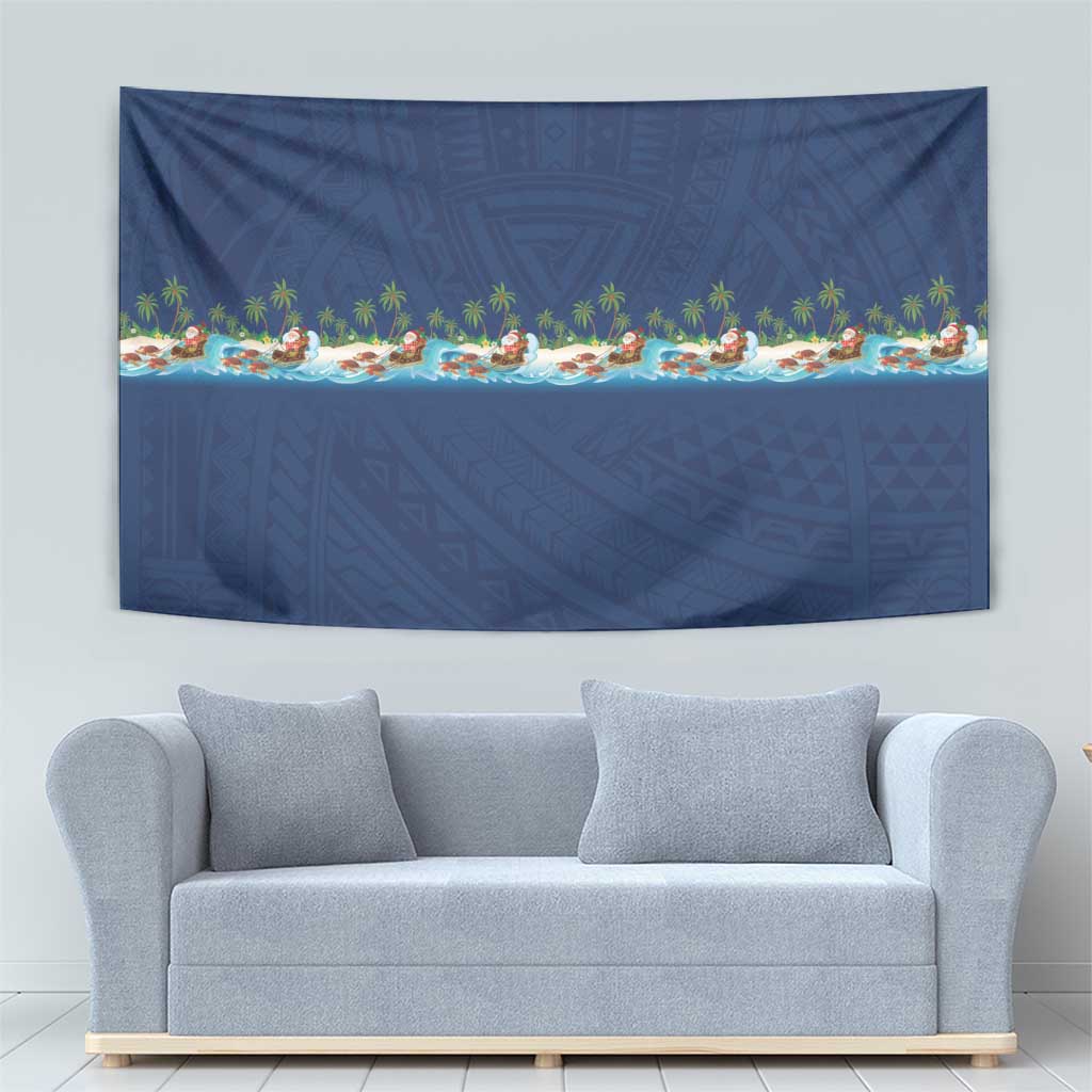Hawaii Santa Riding Sea Turtle Tapestry Mele Kalikimaka Polynesian Pattern - Polynesian Pride