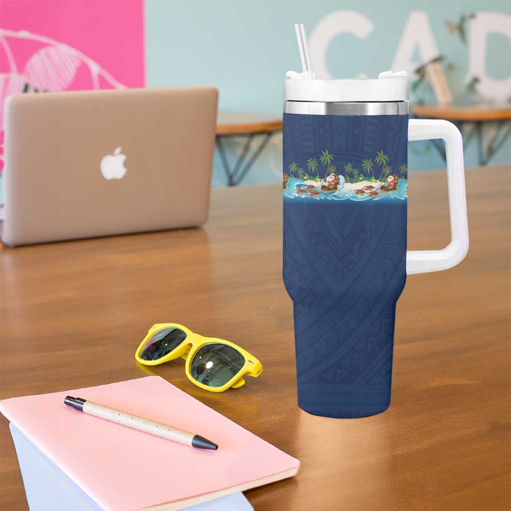 Hawaii Santa Riding Sea Turtle Tumbler With Handle Mele Kalikimaka Polynesian Pattern - Polynesian Pride