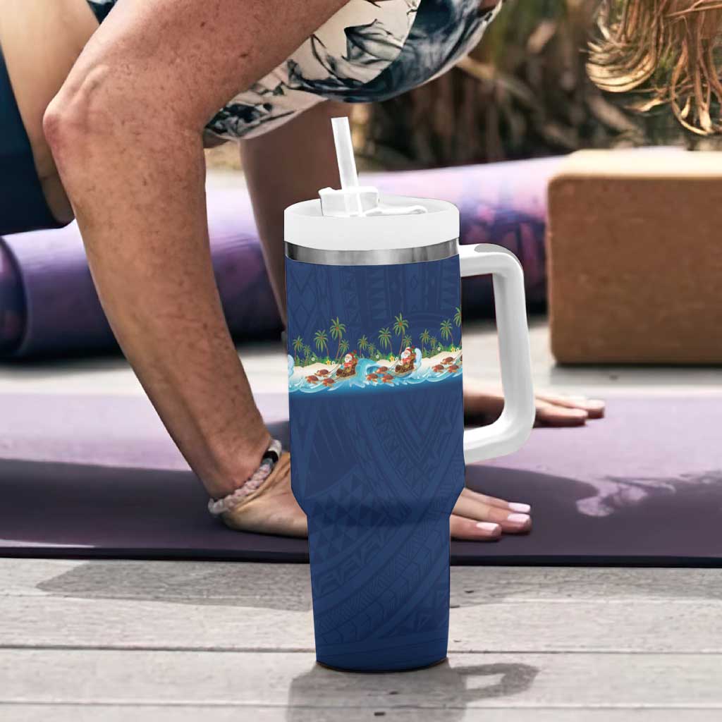 Hawaii Santa Riding Sea Turtle Tumbler With Handle Mele Kalikimaka Polynesian Pattern - Polynesian Pride
