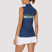 Hawaii Santa Riding Sea Turtle Women Sleeveless Polo Shirt Mele Kalikimaka Polynesian Pattern - Polynesian Pride