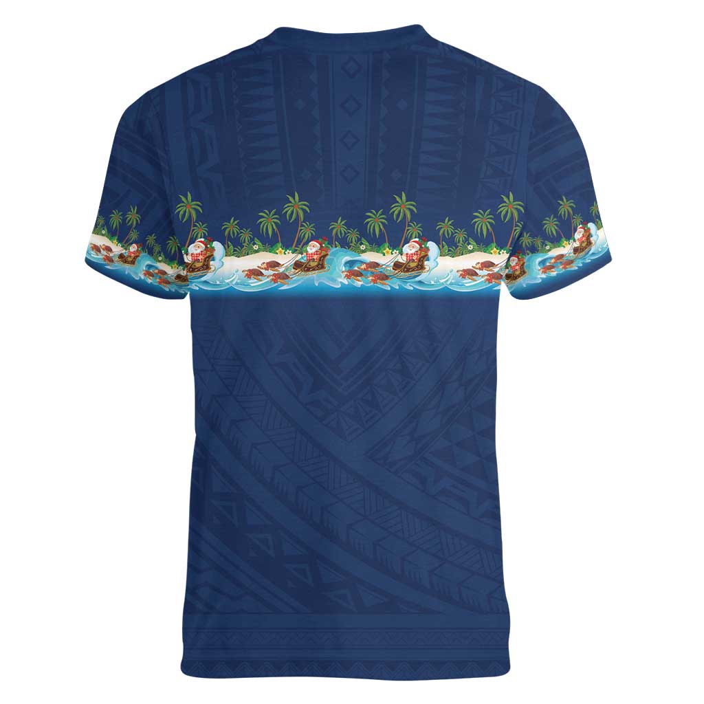 Hawaii Santa Riding Sea Turtle Women V-Neck T-Shirt Mele Kalikimaka Polynesian Pattern - Polynesian Pride