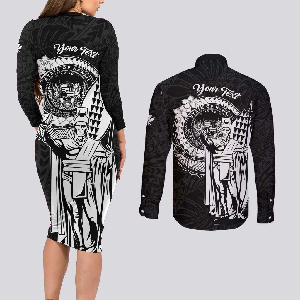 Personalized Hawaii King Kamehameha Couples Matching Long Sleeve Bodycon Dress and Long Sleeve Button Shirt Flag Polynesian Pattern