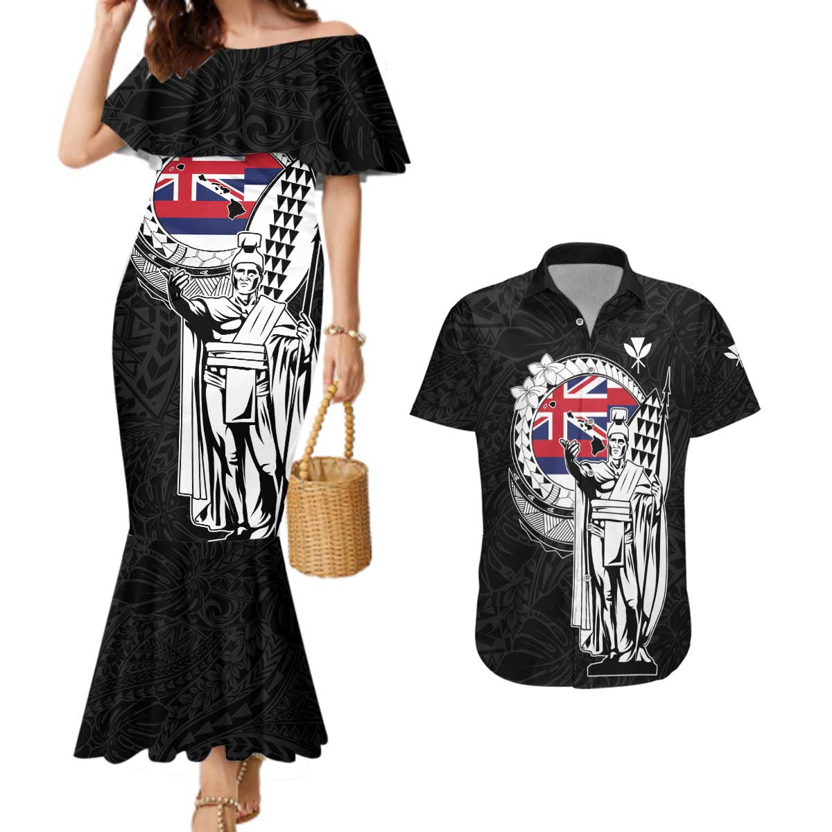Personalized Hawaii King Kamehameha Couples Matching Mermaid Dress and Hawaiian Shirt Flag Polynesian Pattern