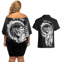 Personalized Hawaii King Kamehameha Couples Matching Off Shoulder Short Dress and Hawaiian Shirt Flag Polynesian Pattern