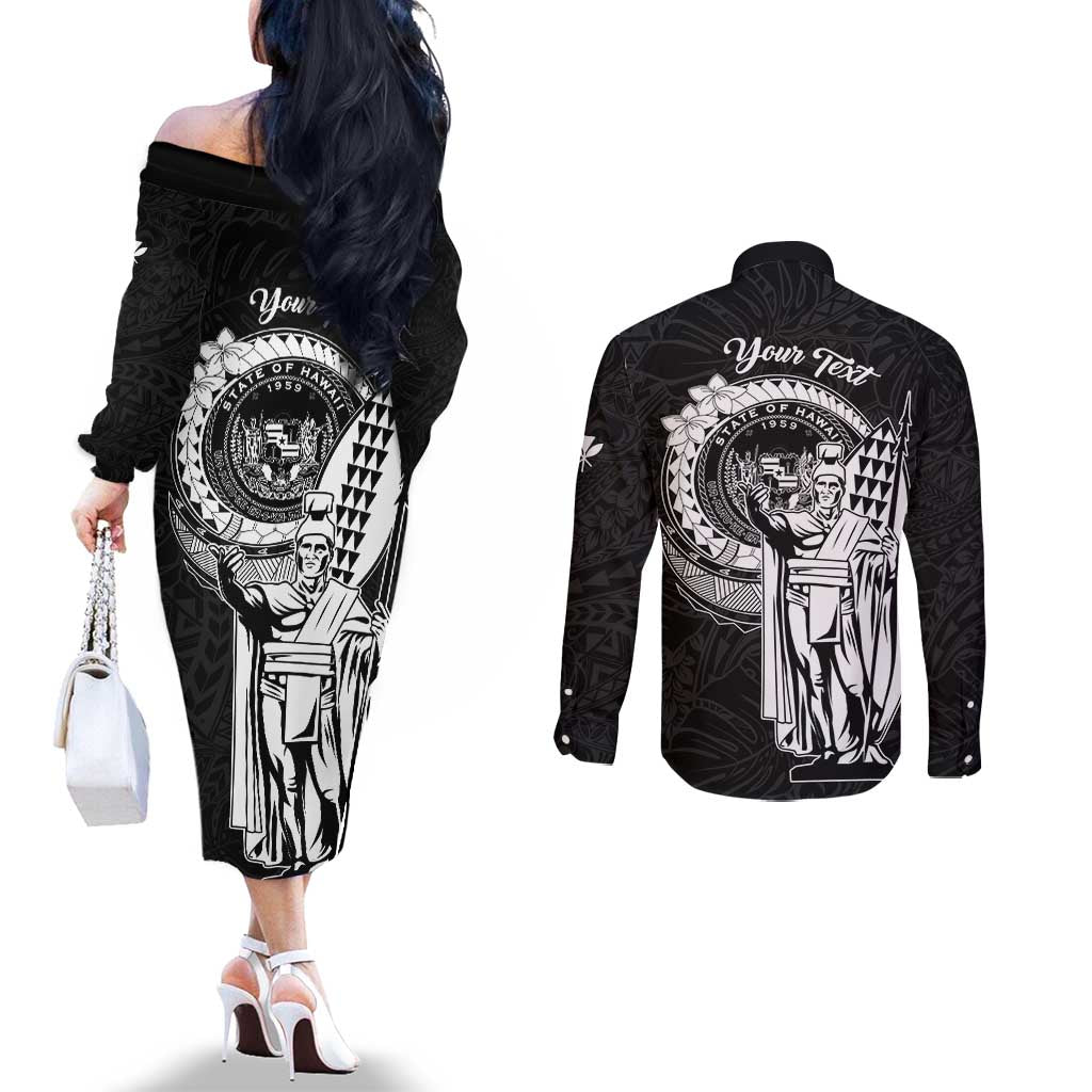 Personalized Hawaii King Kamehameha Couples Matching Off The Shoulder Long Sleeve Dress and Long Sleeve Button Shirt Flag Polynesian Pattern