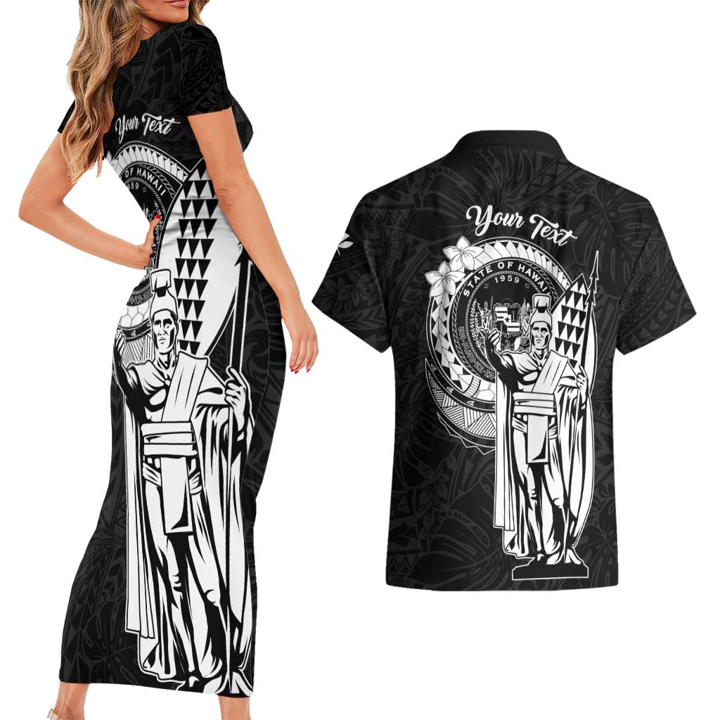 Personalized Hawaii King Kamehameha Couples Matching Short Sleeve Bodycon Dress and Hawaiian Shirt Flag Polynesian Pattern