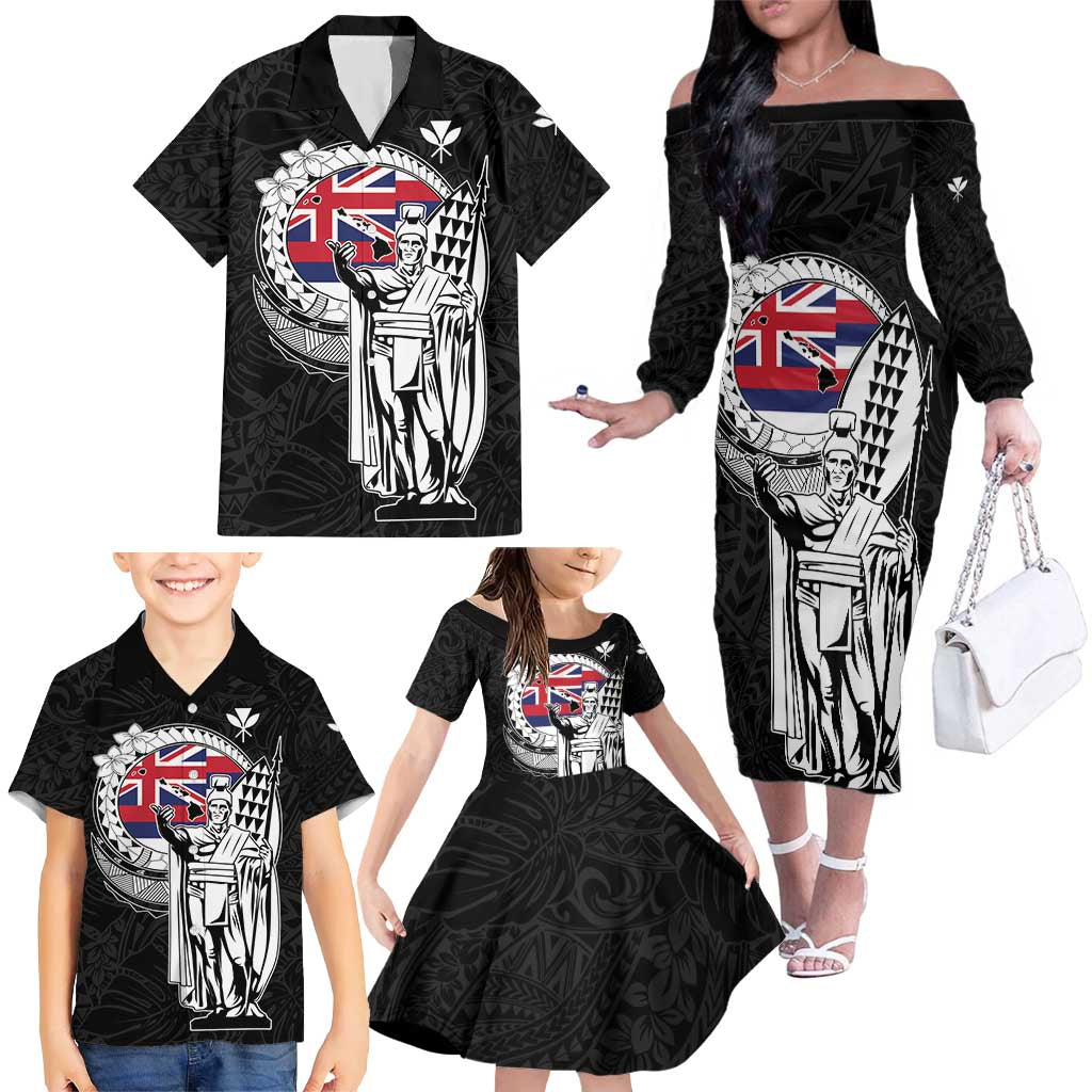 Personalized Hawaii King Kamehameha Family Matching Off The Shoulder Long Sleeve Dress and Hawaiian Shirt Flag Polynesian Pattern