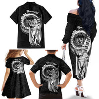 Personalized Hawaii King Kamehameha Family Matching Off The Shoulder Long Sleeve Dress and Hawaiian Shirt Flag Polynesian Pattern