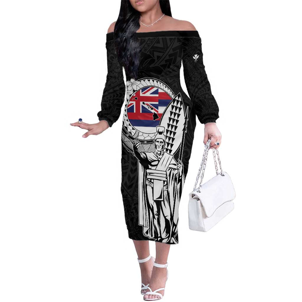 Personalized Hawaii King Kamehameha Family Matching Off The Shoulder Long Sleeve Dress and Hawaiian Shirt Flag Polynesian Pattern