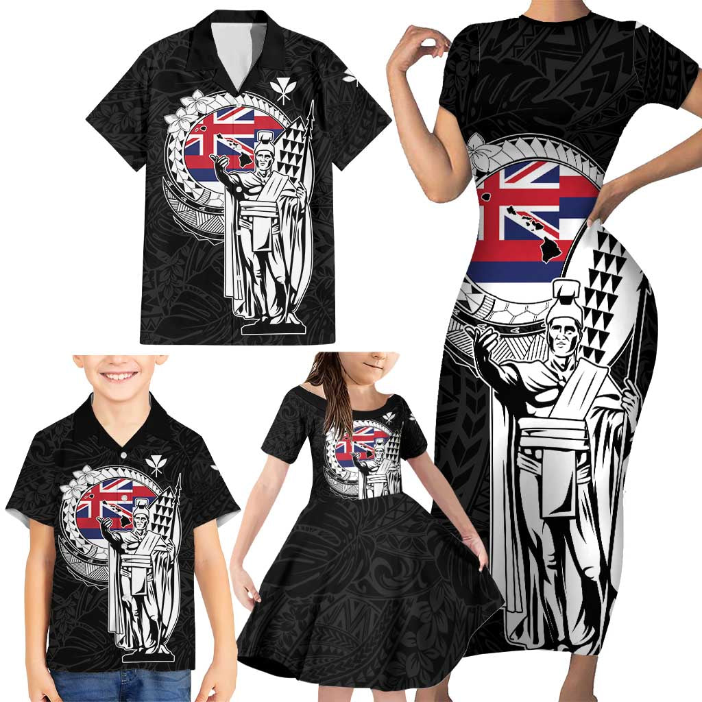 Personalized Hawaii King Kamehameha Family Matching Short Sleeve Bodycon Dress and Hawaiian Shirt Flag Polynesian Pattern