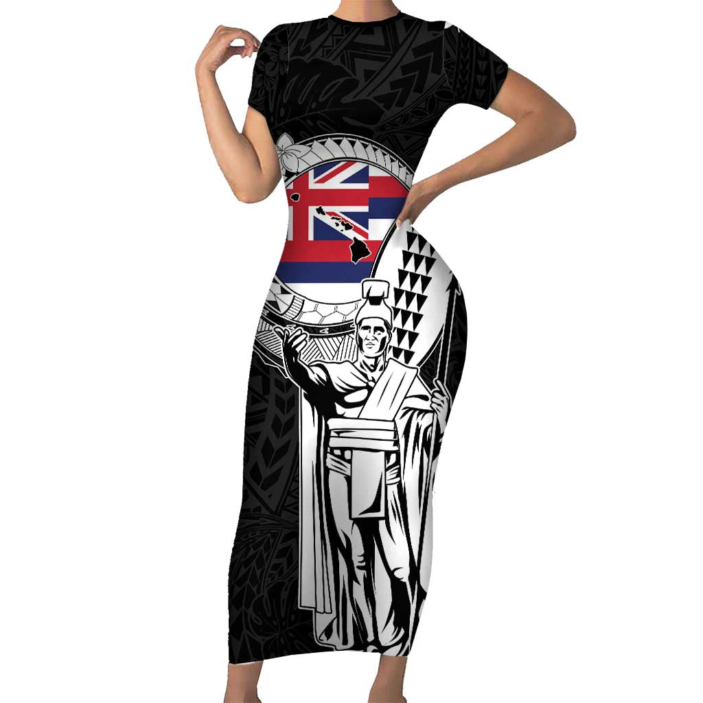 Personalized Hawaii King Kamehameha Family Matching Short Sleeve Bodycon Dress and Hawaiian Shirt Flag Polynesian Pattern