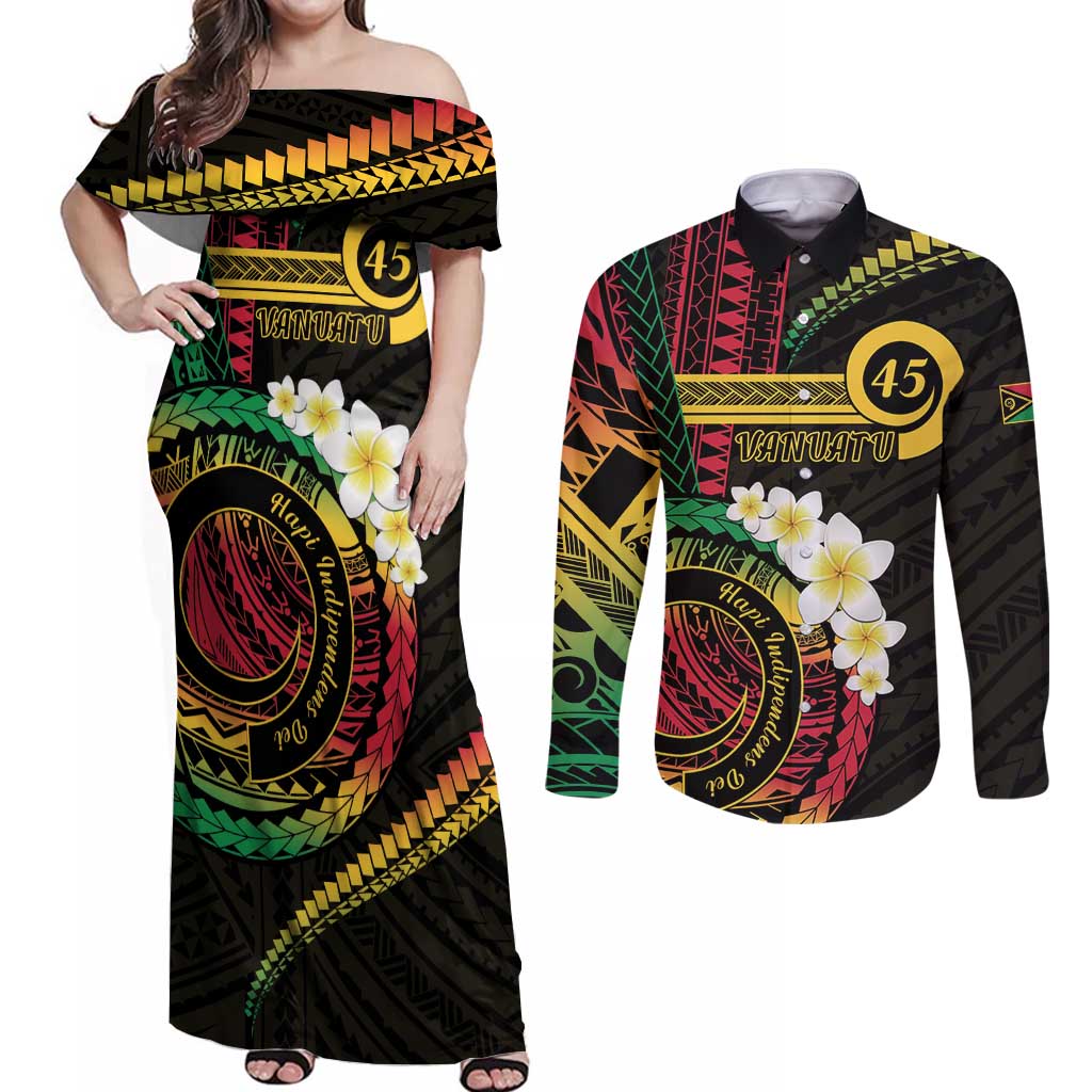 Vanuatu Independence Day Couples Matching Off Shoulder Maxi Dress and Long Sleeve Button Shirt Yumi 45th Hapi Indipendens Dei LT01