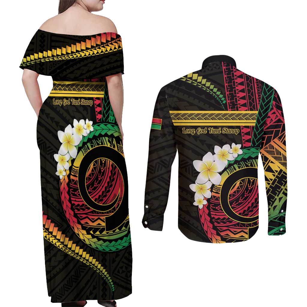 Vanuatu Independence Day Couples Matching Off Shoulder Maxi Dress and Long Sleeve Button Shirt Yumi 45th Hapi Indipendens Dei LT01