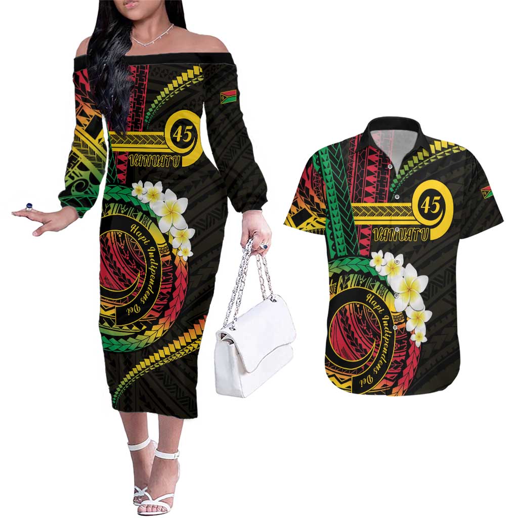 Vanuatu Independence Day Couples Matching Off The Shoulder Long Sleeve Dress and Hawaiian Shirt Yumi 45th Hapi Indipendens Dei LT01