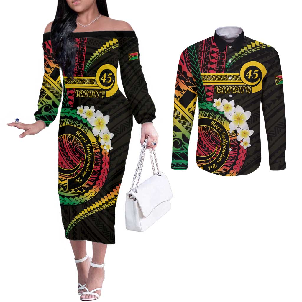 Vanuatu Independence Day Couples Matching Off The Shoulder Long Sleeve Dress and Long Sleeve Button Shirt Yumi 45th Hapi Indipendens Dei LT01