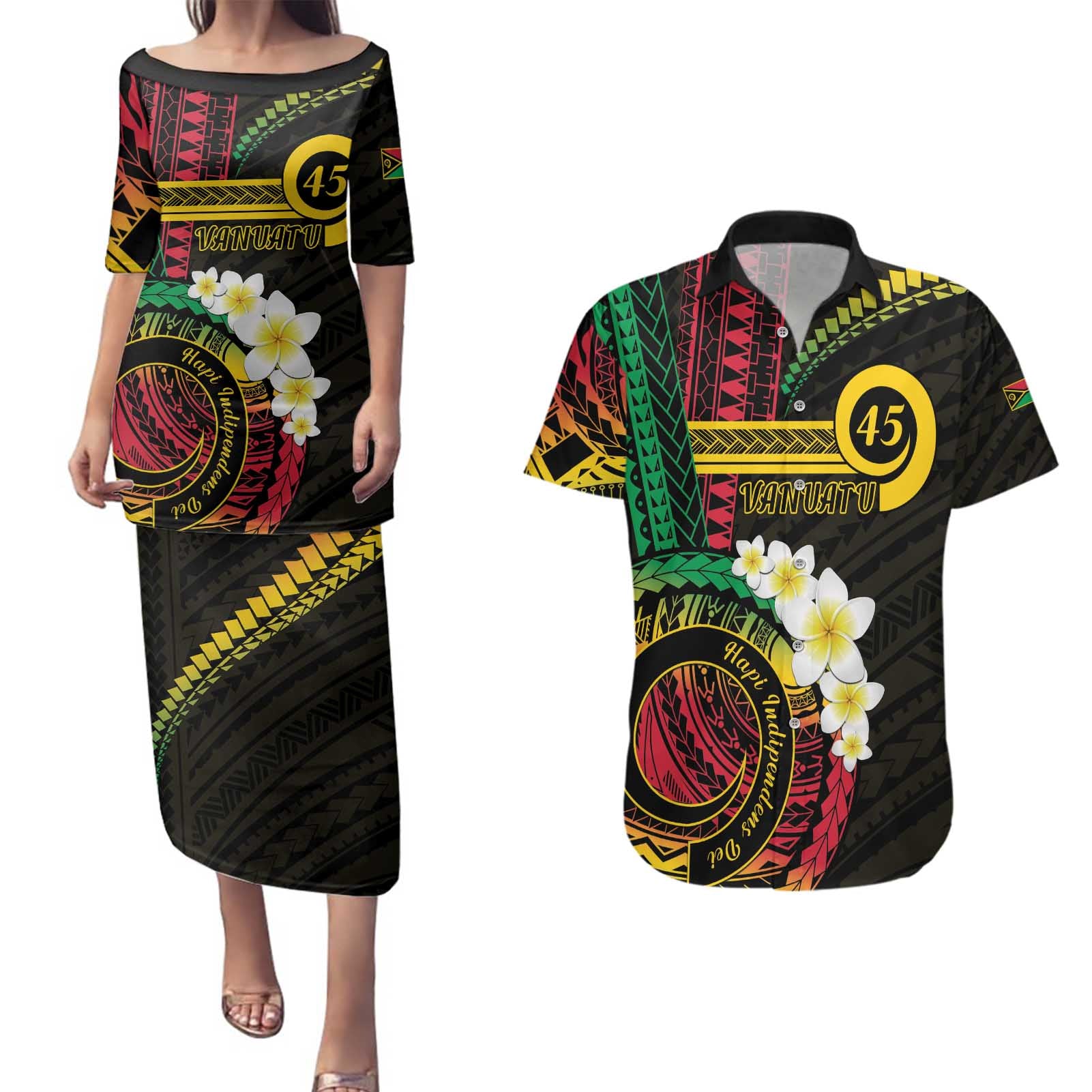 Vanuatu Independence Day Couples Matching Puletasi and Hawaiian Shirt Yumi 45th Hapi Indipendens Dei LT01
