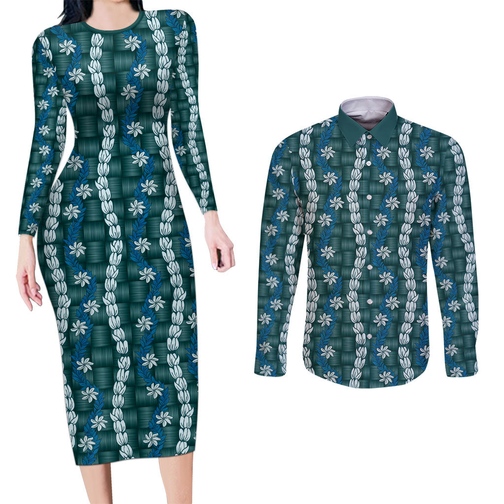 Pikake Maile Tiare Lei Couples Matching Long Sleeve Bodycon Dress and Long Sleeve Button Shirt Polu Lauhala Pattern