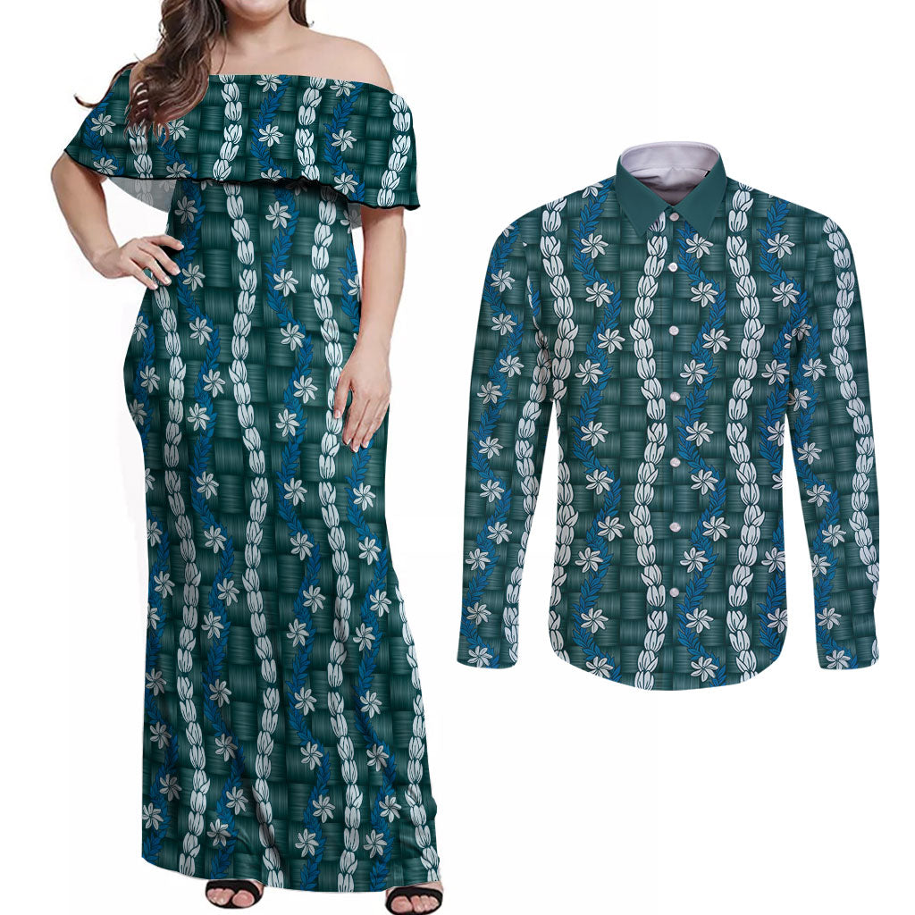 Pikake Maile Tiare Lei Couples Matching Off Shoulder Maxi Dress and Long Sleeve Button Shirt Polu Lauhala Pattern