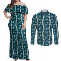 Pikake Maile Tiare Lei Couples Matching Off Shoulder Maxi Dress and Long Sleeve Button Shirt Polu Lauhala Pattern