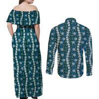 Pikake Maile Tiare Lei Couples Matching Off Shoulder Maxi Dress and Long Sleeve Button Shirt Polu Lauhala Pattern